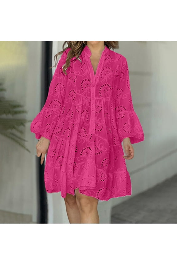 Women's Boho Midi Dresses 2023 Fall Flared Sleeve Eyelet Button V Neck A-Line Dress Casual Loose Ruffle Swing Beach Dress