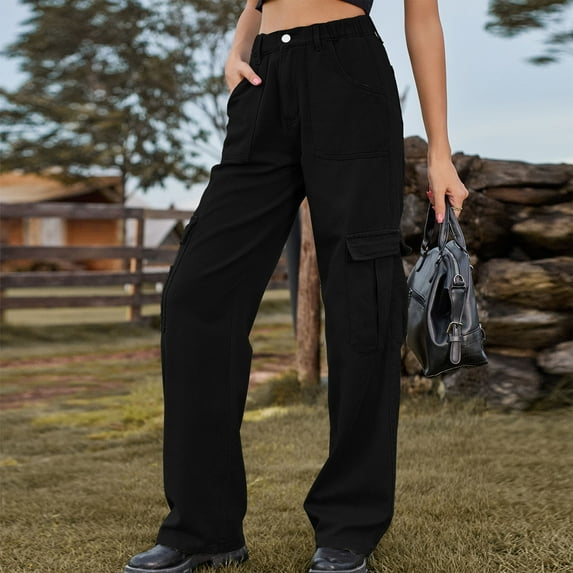 qolati Women's Cargo Jean Pants Y2k Elastic High Waist Baggy Jeans Lounge Trousers Casual Flap Pocket Loose Boyfriend Denim Pant