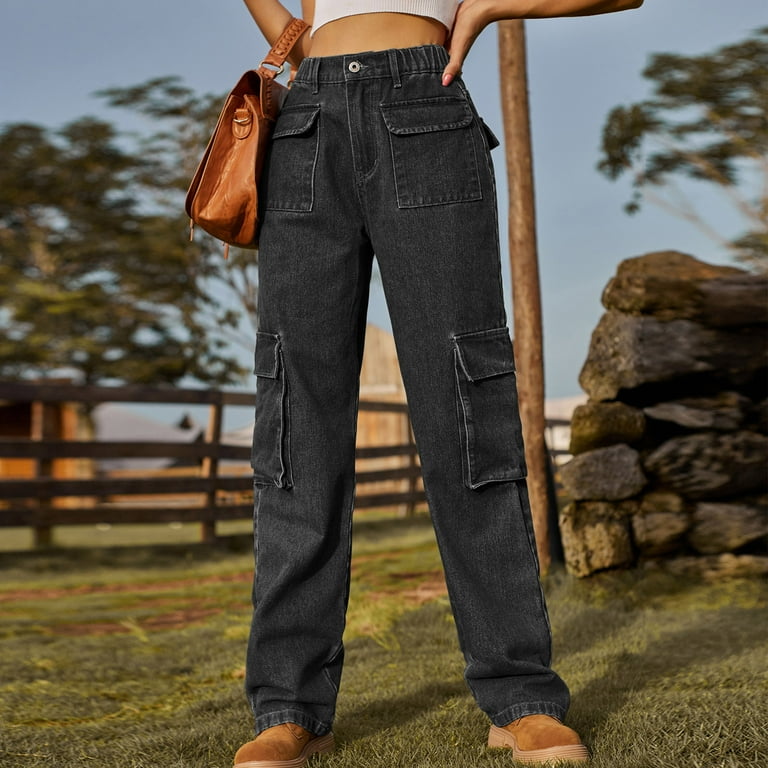 qolati Women's Cargo Jeans Pants Y2k Elastic High Waist Baggy