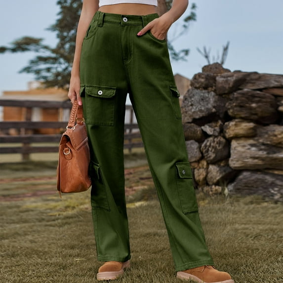 qolati Women's Cargo Jeans Pants Y2k Elastic High Waist Baggy Jeans Flap Pocket Loose Streetwear Straight Leg Denim Pants