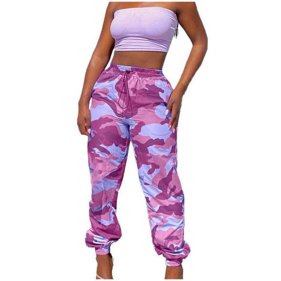 qolati Women's Cargo Pants Y2k Camouflage Printed Elastic Waistband Jogging Sweatpants Casual Loose High Waist Tapered Hip Hop Trousers