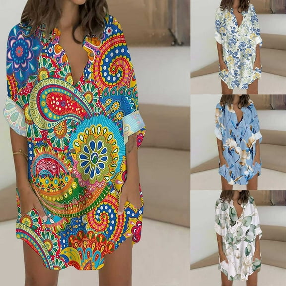 qolati Women's Casual Boho Long Sleeve Dresses 2023 Vintage Floral Print V Neck T-Shirts Dress Plus Size Loose Beach Vacation Mini Dress