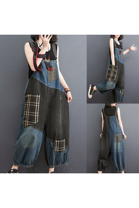Women's Casual Denim Jumpsuits Baggy Adjustable Straps Wide Leg Overalls Trendy Patchwork Print Palazzo Jeans Rompers with Pockets