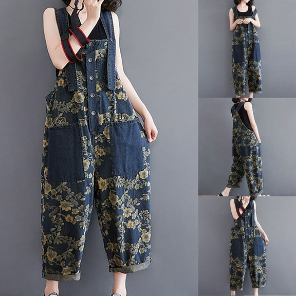 qolati Women's Casual Denim Jumpsuits Baggy Adjustable Straps Wide Leg Overalls Vintage Floral Print Palazzo Jeans Rompers with Pockets