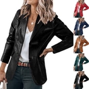 qolati Women's Casual Faux Leather Blazer Open Front Lapel Long Sleeve Jacket Suits Work Office Basic Slim Fit Jackets Blazers for Daily