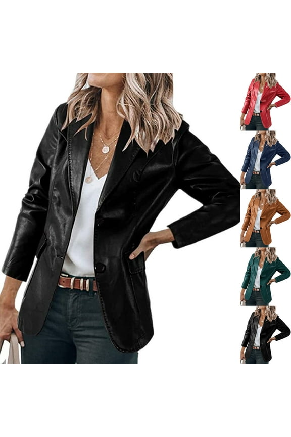 Women's Casual Faux Leather Blazer Open Front Lapel Long Sleeve Jacket Suits Work Office Basic Slim Fit Jackets Blazers for Daily