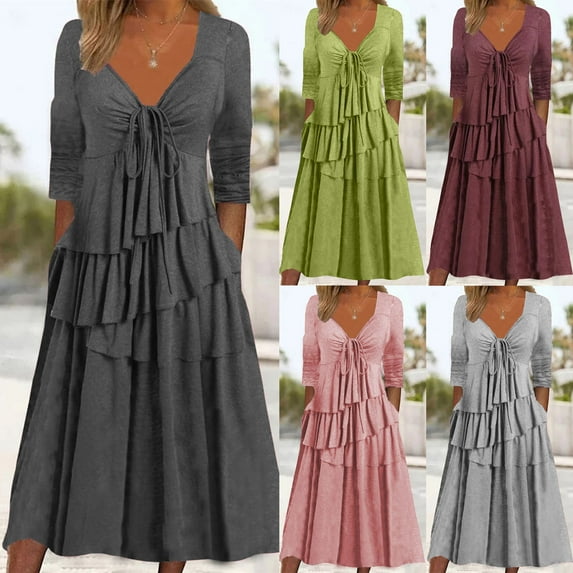 qolati Women's Casual Long Sleeve Dresses 2023 Basic V Neck Lace Up Ruched Slim Fit Sundress Trendy Tiered Ruffle Hem Flowy Cocktail Party Dress
