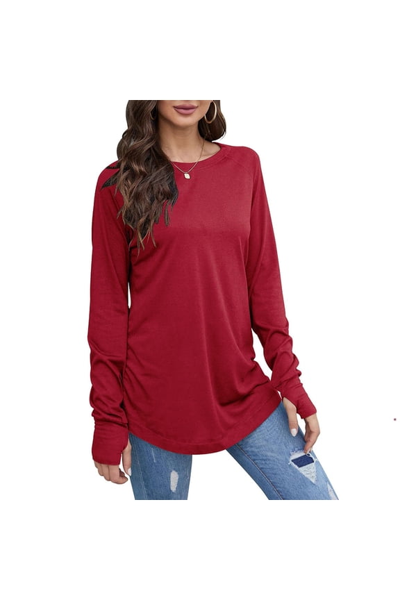Women's Casual Long Sleeve Tops Fall Fashion Crew Neck Round Hem Loose T-Shirts Basic Tunic Tops with Thumb Holes