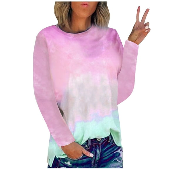 qolati Women's Casual Long Sleeved Tops 2023 Lightweight Fall Tie-Dye Print Tunic T-Shirts Trendy Loose Round Neck Going Out Sweatshirt