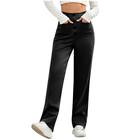 qolati Women's Casual Wide Straight Leg Pants High Waisted Button Down Cargo Pants Stretchy Tummy Control Lounge Trousers with Multiple Pockets