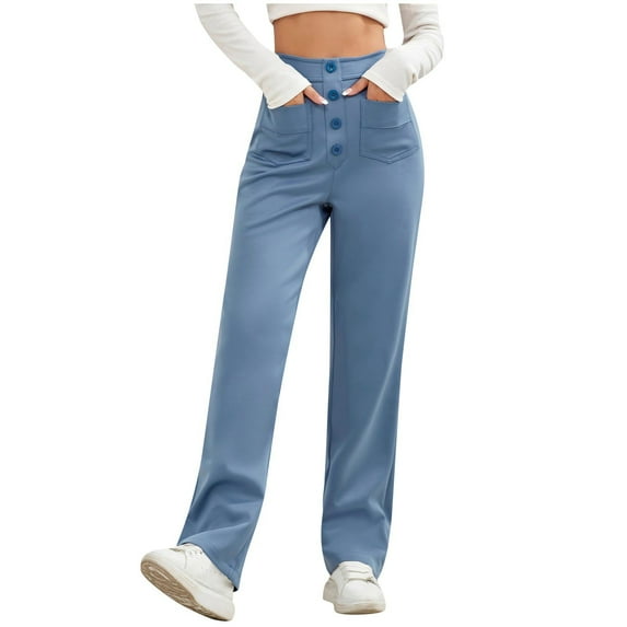 qolati Women's Casual Wide Straight Leg Pants High Waisted Button Down Cargo Pants Stretchy Tummy Control Lounge Trousers with Multiple Pockets