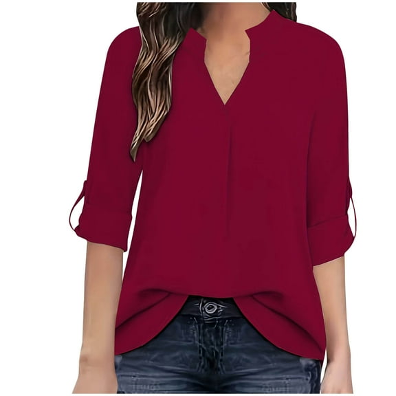 qolati Women's Chiffon Blouses 3/4 Cuffed Sleeve Fall Dressy Tunic Tops Casual Loose V Neck Ruched Work Office Shirts