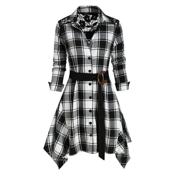 qolati Women's Christmas Plaid Dress Casual Long Sleeve Button Down Checker Shirt Midi Dresses 2024 Fashion Irregular Hem Pleated Flowy Party Prom Dress