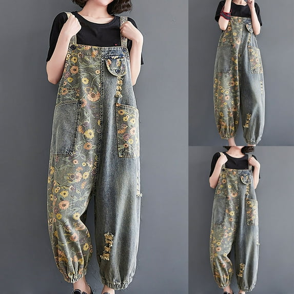qolati Women's Classic Stretch Adjustable Denim Jumpsuits Vintage Floral Print Wide Legs Jumpsuits Casual Streetwear Jeans Outfits Rompers with Pockets