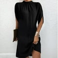 thumbnail image 1 of qolati Women's Cocktail Party Dresses 2023 Elegant Mock Neck 3/4 Sleeve Short Formal Dress Solid Color Loose Wedding Guest Dress, 1 of 5
