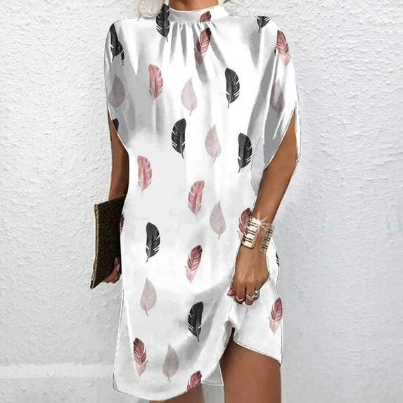 qolati Women's Cocktail Party Dresses 2023 Elegant Mock Neck 3/4 Sleeve Short Formal Dress Solid Color Loose Wedding Guest Dress