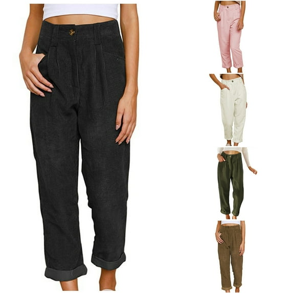 qolati Women's Corduroy Cargo Pants High Waisted Loose Fit Comfy Lounge Trousers Dressy Casual Solid Straight Legs Palazzo Pants