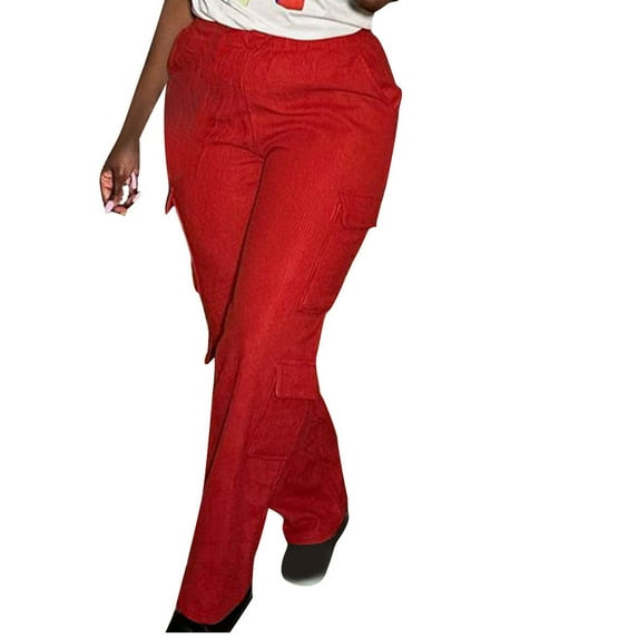 qolati Women's Corduroy Cargo Pants Spring Fashion 2024 Elastic High Waisted Straight Leg Trousers Regular Fit Lounge Sweatpants with Pockets