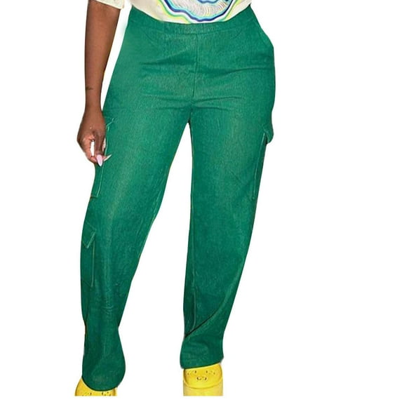 qolati Women's Corduroy Cargo Pants Spring Fashion 2024 Elastic High Waisted Straight Leg Trousers Regular Fit Lounge Sweatpants with Pockets