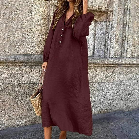 qolati Women's Cotton Linen Dress 2023 Plus Size Button Down V Neck Lantern Sleeve Long Maxi Dress Casual Solid Color Flowy Beach Sundresses