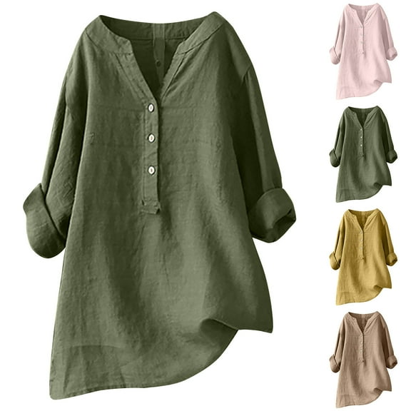 qolati Women's Cotton Linen Long Sleeved Tops Plus Size Solid Color Button Down V Neck Blouse Casual Loose Peasant Boho T-Shirts