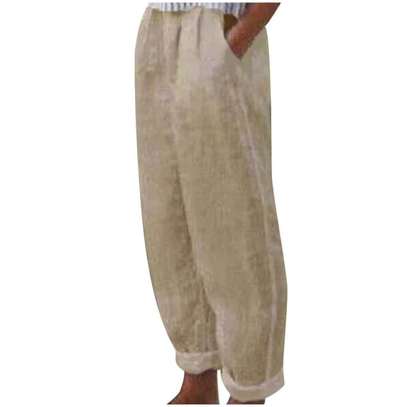 qolati Women's Cotton Linen Pants Casual Elastic High Waist Wide Leg Lounge Trousers Comfy Loose Solid Color Yoga Beach Harem Pants with Pocket
