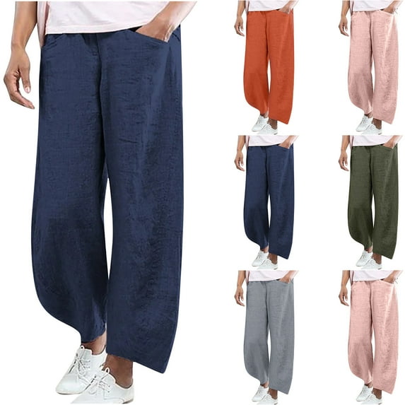 qolati Women's Cotton Linen Pants Lightweight High Waisted Wide Leg Palazzo Pant Comfy Casual Loose Lounge Trousers with Pocket