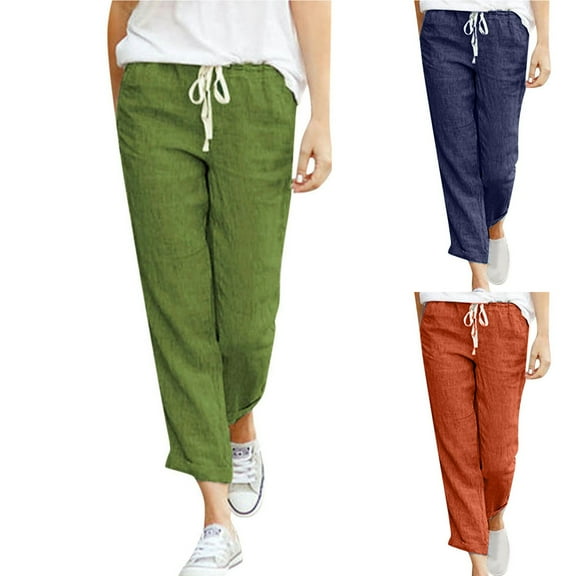 qolati Women's Cotton Linen Pants Summer Straight Wide Leg Pants Casual Drawstring High Waisted Loose Comfy Palazzo Pants