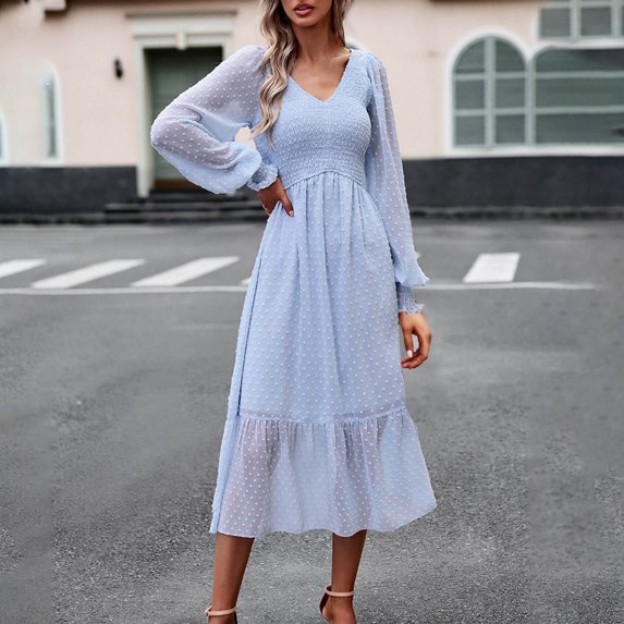 qolati Women's Dresses 2023 Casual Fall Wrap Long Sleeve Swiss-Dot Midi Dress Tie Waist Ruffle Hem Flowy Dress