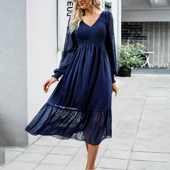 qolati Women's Dresses 2023 Casual Fall Wrap Long Sleeve Swiss-Dot Midi Dress Tie Waist Ruffle Hem Flowy Dress