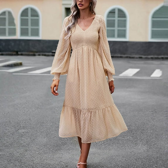 qolati Women's Dresses Casual Fall Wrap Long Sleeve -Dot Midi Dress Tie Waist Ruffle Hem Flowy Dress