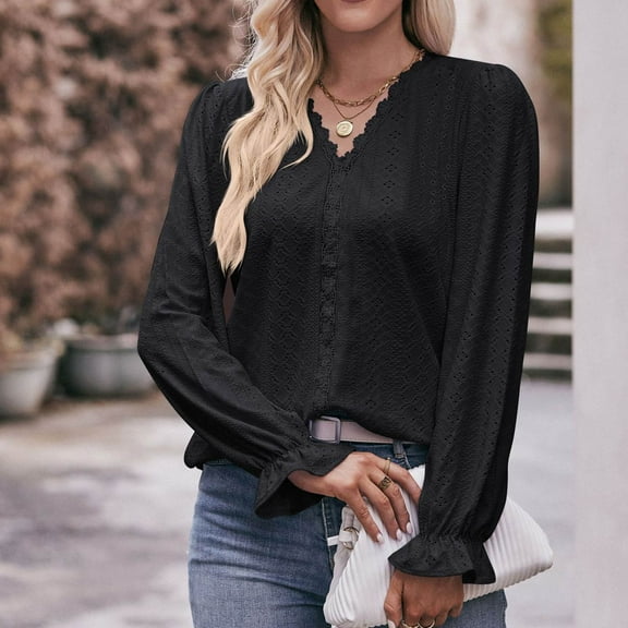 qolati Women's Dressy Casual Embroider Long Sleeve Shirts 2023 Elegant V Neck Eyelet Puffy Sleeve Tunic T-Shirt Loose Fit Basic Going Out Work Tops