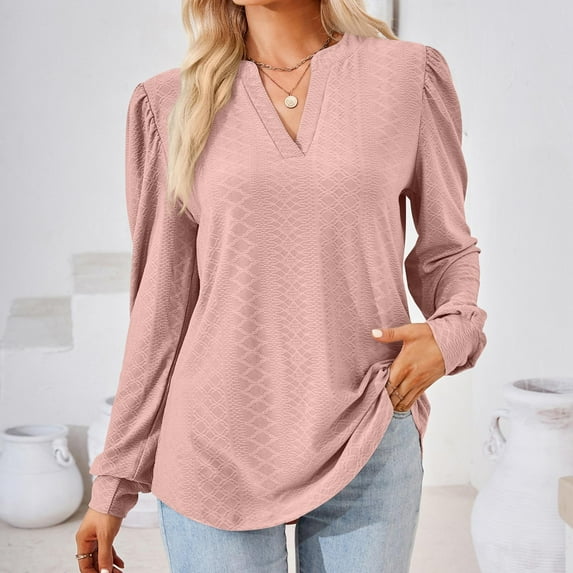 qolati Women's Dressy Casual Embroider Long Sleeve Shirts 2023 Elegant V Neck Puffy Sleeve Tunic T-Shirt Loose Fit Basic Going Out Work Tops