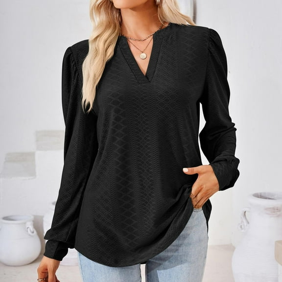 qolati Women's Dressy Casual Embroider Long Sleeve Shirts 2023 Elegant V Neck Puffy Sleeve Tunic T-Shirt Loose Fit Basic Going Out Work Tops