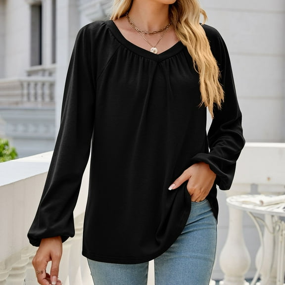 qolati Women's Dressy Casual Long Sleeve T-Shirts Trendy Solid Color V Neck Pleated Front Tunic Shirt Loose Fit Basic Lightweight Going Out Tops