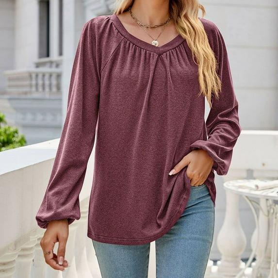 qolati Women's Dressy Casual Long Sleeve T-Shirts Trendy Solid Color V Neck Pleated Front Tunic Shirt Loose Fit Basic Lightweight Going Out Tops