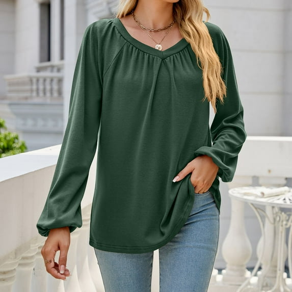 qolati Women's Dressy Casual Long Sleeve T-Shirts Trendy Solid Color V Neck Pleated Front Tunic Shirt Loose Fit Basic Lightweight Going Out Tops