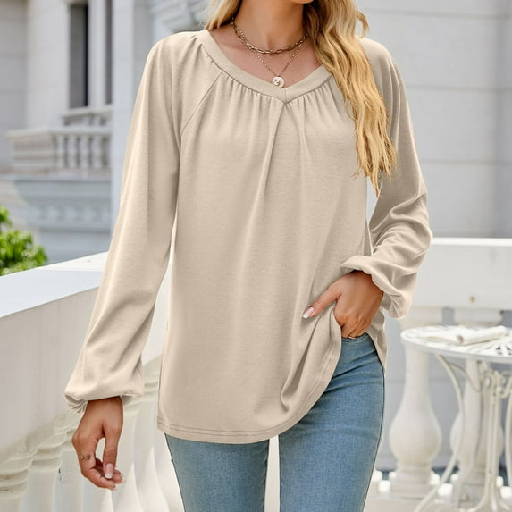 qolati Women's Dressy Casual Long Sleeve T-Shirts Trendy Solid Color V Neck Pleated Front Tunic Shirt Loose Fit Basic Lightweight Going Out Tops