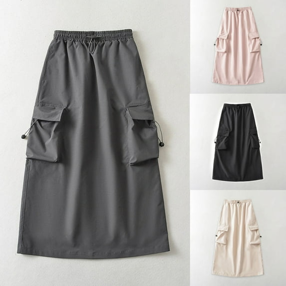 qolati Women's Elastic High Waist Cargo Skirt Gothic Elastic Waistband Half Skirt Work Dress Solid Drawstring Adjustable Length A-Line Midi Skirts