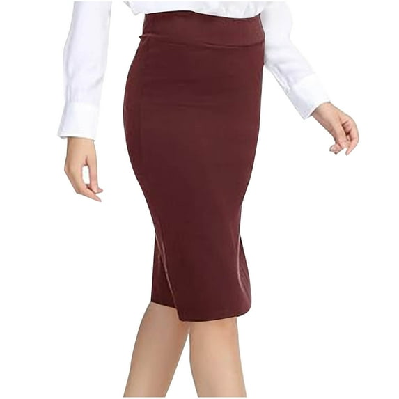 qolati Women's Elastic Waist Pencil Skirt Stretchy Office Bodycon Midi Pencil Skirt Business Work Suits Skirt Summer Wine S