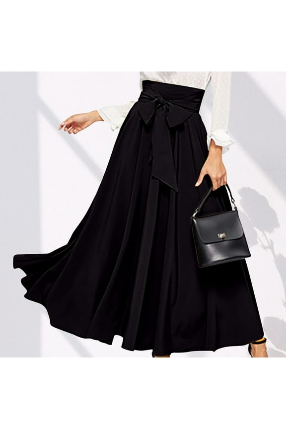 Women's Elegant Maxi Skirts High Waist Bow Tie Front Pleated Long Skirt Trendy Flowy A-Line Prom Party Flared Skirt
