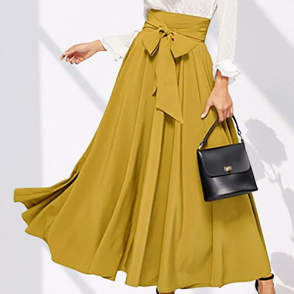 qolati Women's Elegant Maxi Skirts High Waist Bow Tie Front Pleated Long Skirt Trendy Flowy A-Line Prom Party Flared Skirt