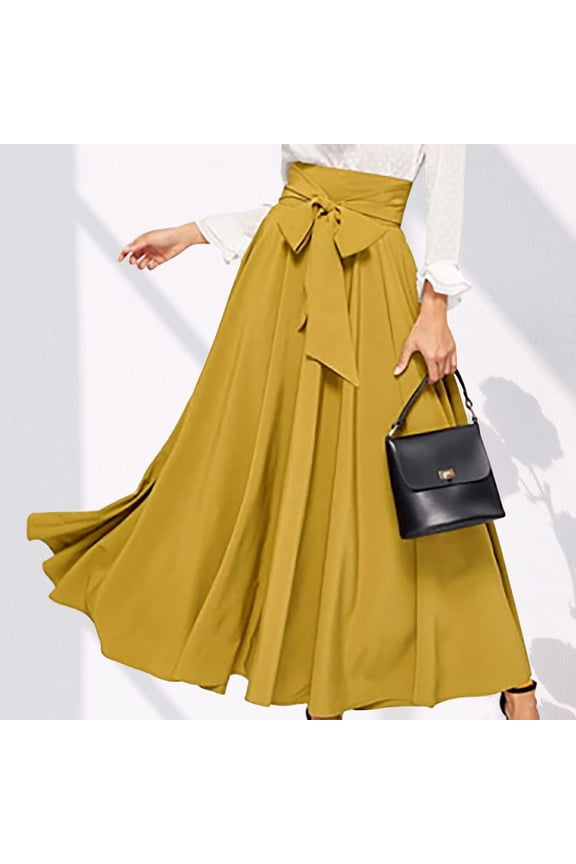 Women's Elegant Maxi Skirts High Waist Bow Tie Front Pleated Long Skirt Trendy Flowy A-Line Prom Party Flared Skirt