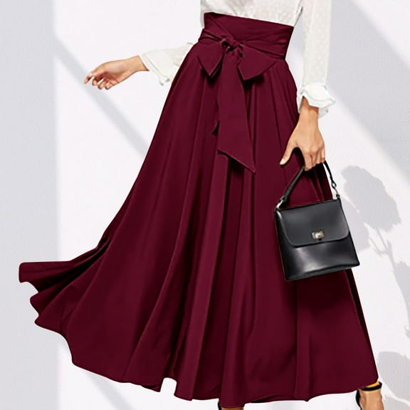qolati Women's Elegant Maxi Skirts High Waist Bow Tie Front Pleated Long Skirt Trendy Flowy A-Line Prom Party Flared Skirt