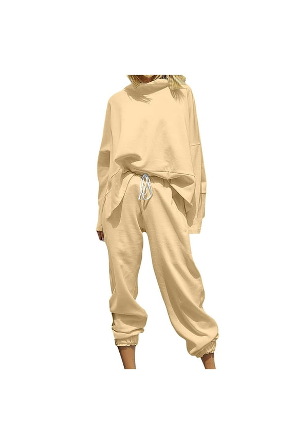 Women's Fall 2 Piece Outfits Lounge Sets Mock Neck Long Sleeve Pullover Tops Drawstring Jogger Pants Tracksuit Matching Set Khaki S 4
