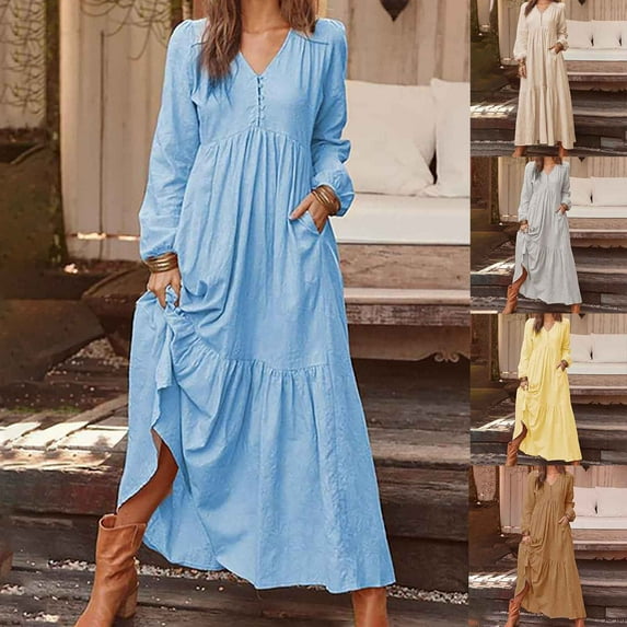 qolati Women's Fall Cotton Linen Dress 2023 Plus Size Long Sleeve Button Up V Neck boho Long Maxi Dress Casual Loose Solid Layered Ruffle Flowy Sun Dresses
