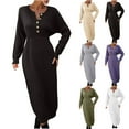 thumbnail image 1 of qolati Women's Fall Long Maxi Dresses 2023 High Waist Bodycon Knit Button Up Work Dress Trendy V Neck Puffy Sleeve Solid Party Club Dress, 1 of 5