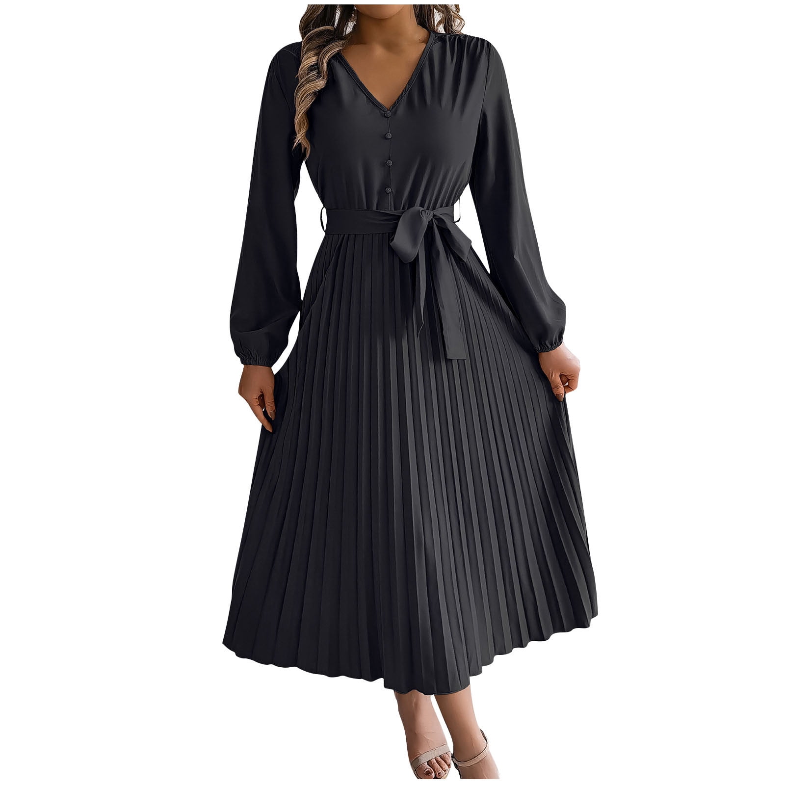Qolati Women's Fall Long Sleeve Midi Dress Casual V Neck Chiffon Belted Pleated A Line Flowy Dresses Elegant Cocktail Party Dresses Black M 6, Size:
