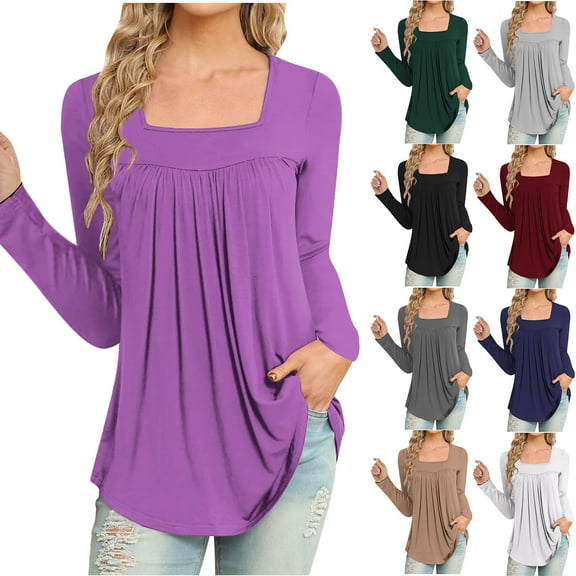 qolati Women's Fall Long Sleeve T Shirts Dressy Trendy Printed Ruched Square Neck Shirts Casual Loose Flowy Holiday Pullover Tops