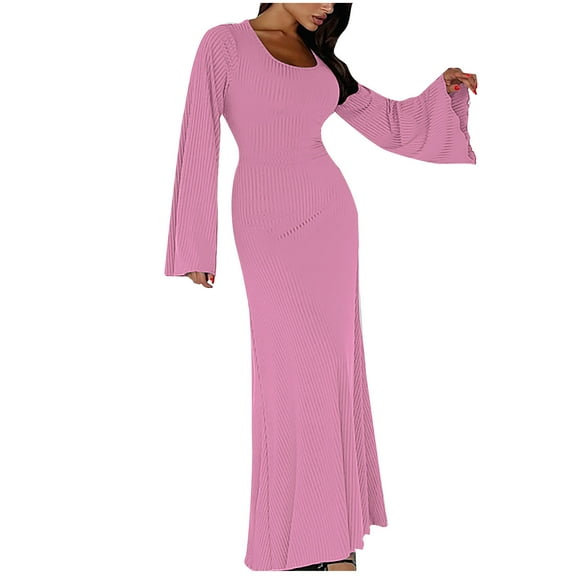 qolati Women's Fall Maxi Dresses Casual Spoon Neck Long Sleeve Ribbed Cocktail Long Dress Soft Bodycon Party Club Lounge Dress
